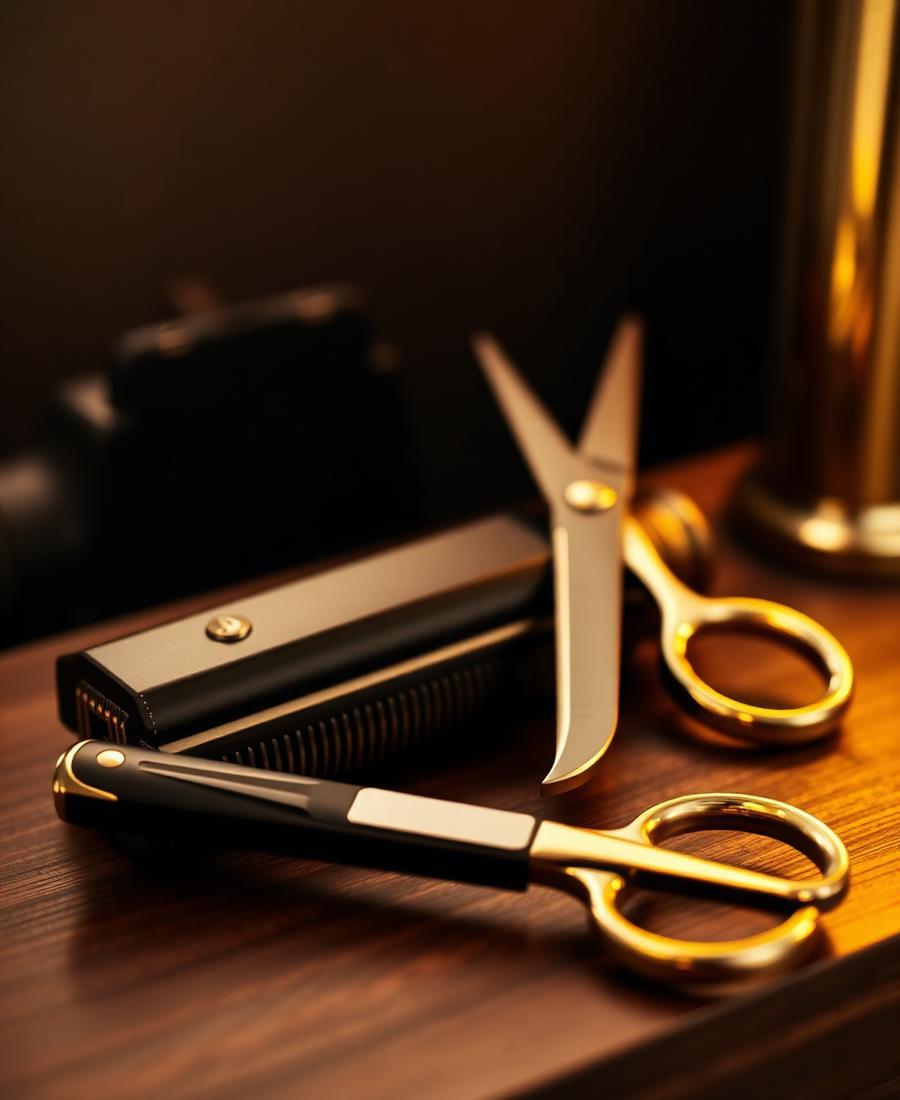 Herramientas de barbería: navaja, tijeras y máquina sobre madera
